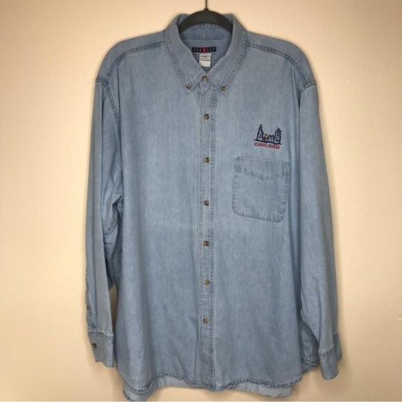 Jerzees Denim Long Sleeve Shirt Chicago Skyline Embroidered Chest Button Up XXL - Picture 12 of 12